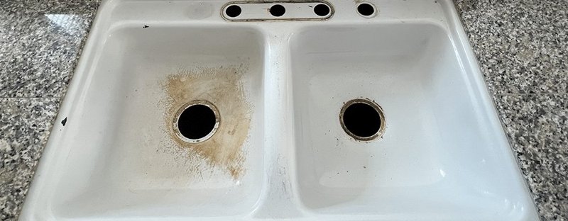Stained double sink before reglazing