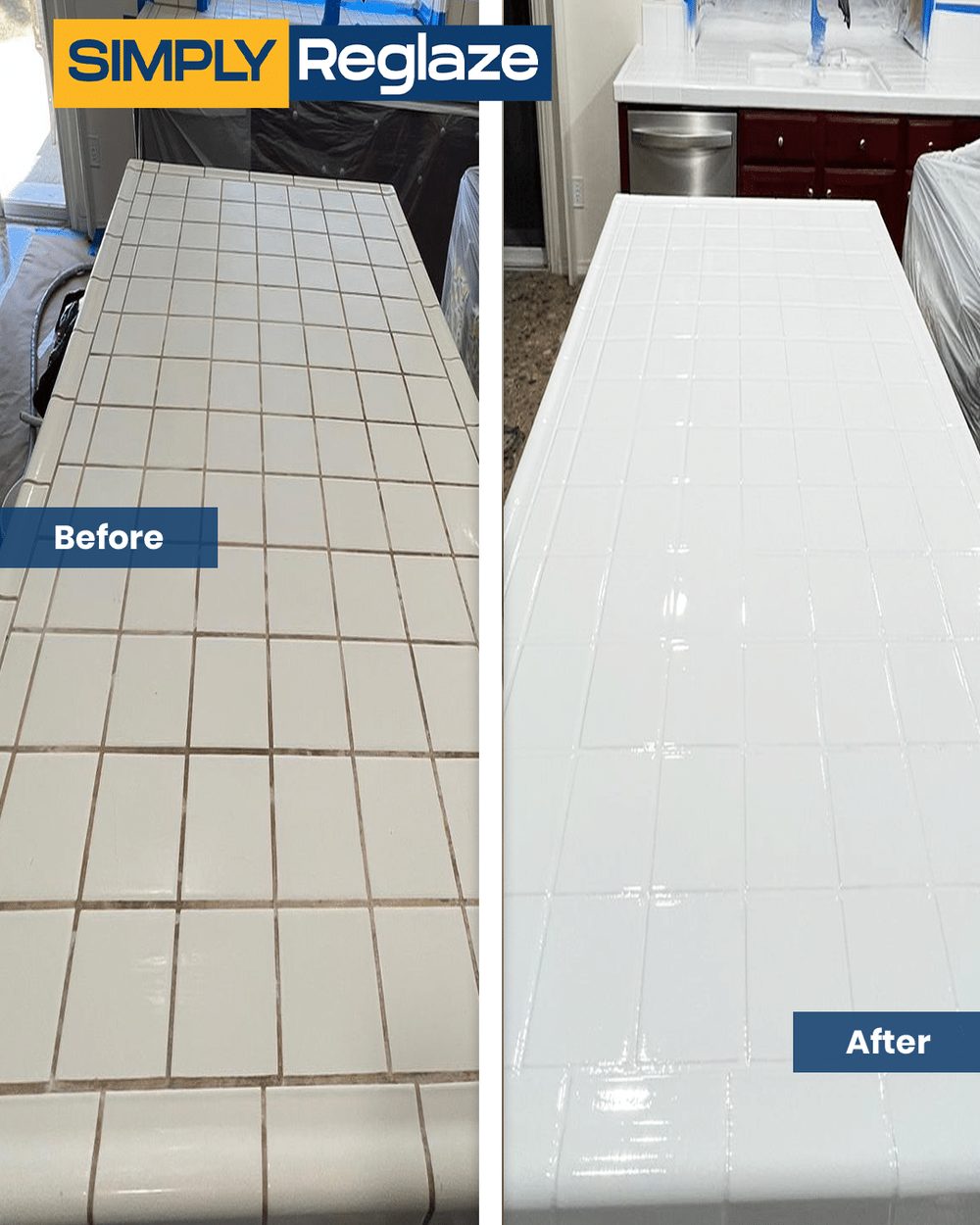Simply Reglaze bathtub, sink, shower, tile and countertop reglazing before and after
