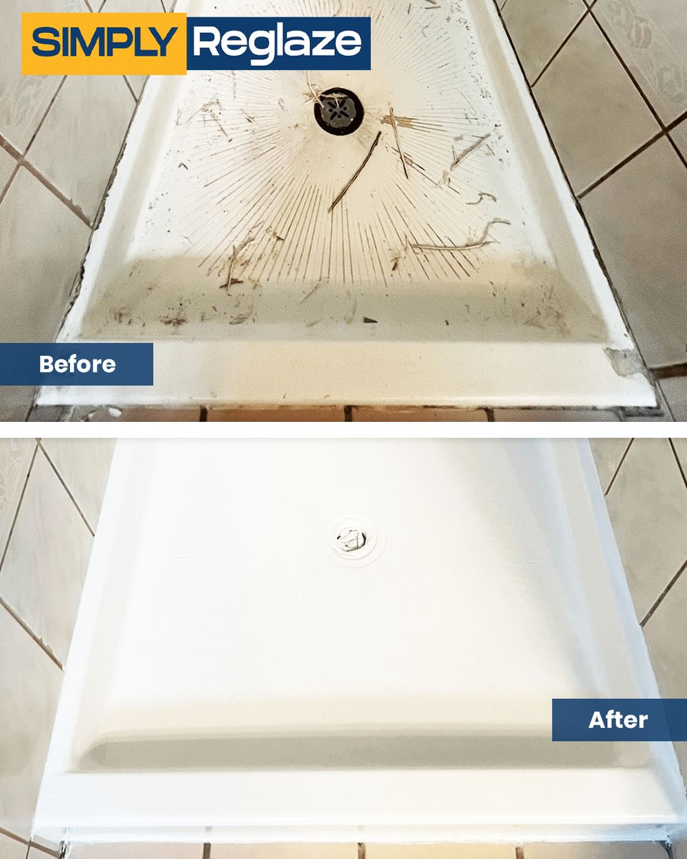 Shower Pan reglazing before and after by Simply Reglaze