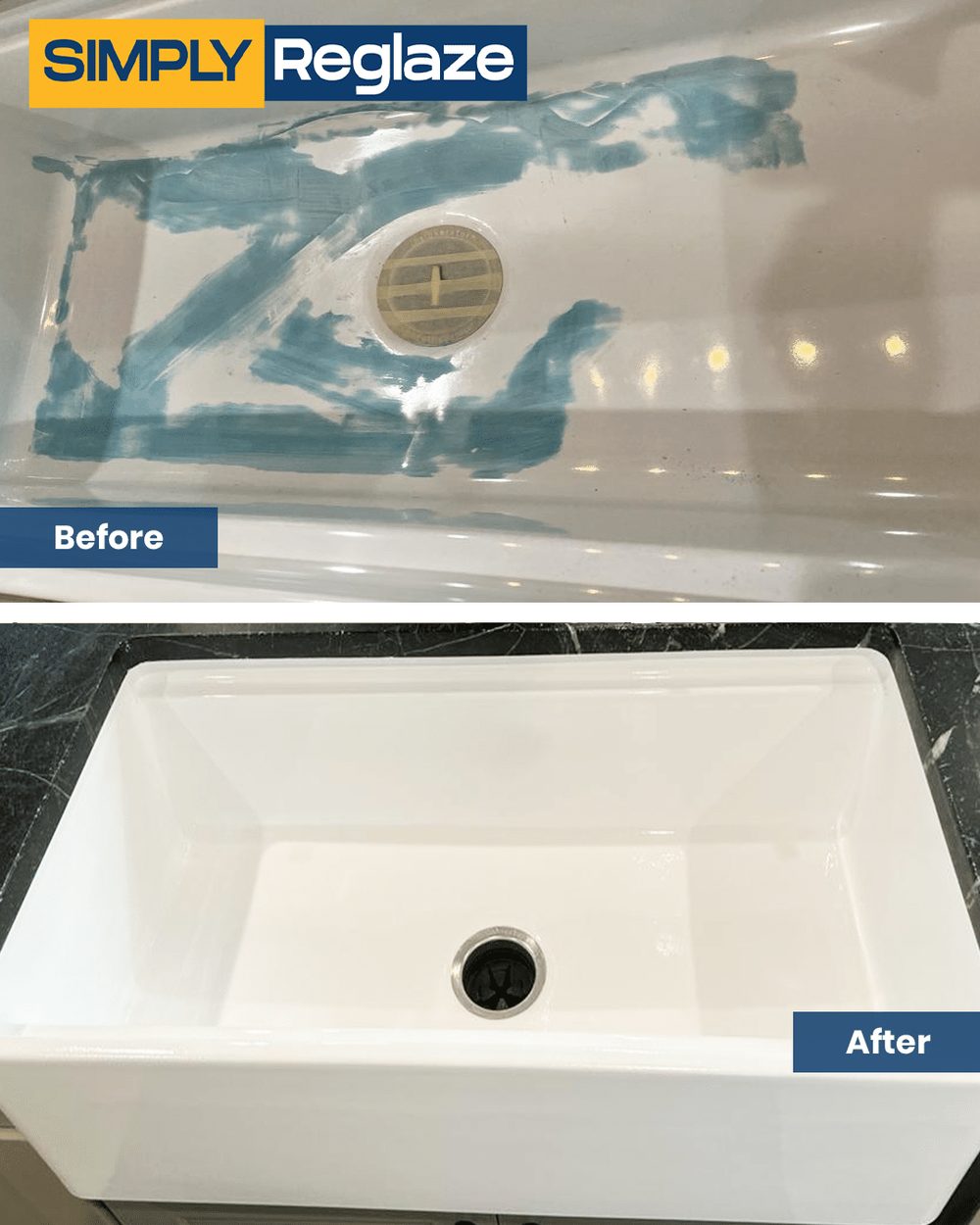 Simply Reglaze bathtub, sink, shower, tile and countertop reglazing before and after