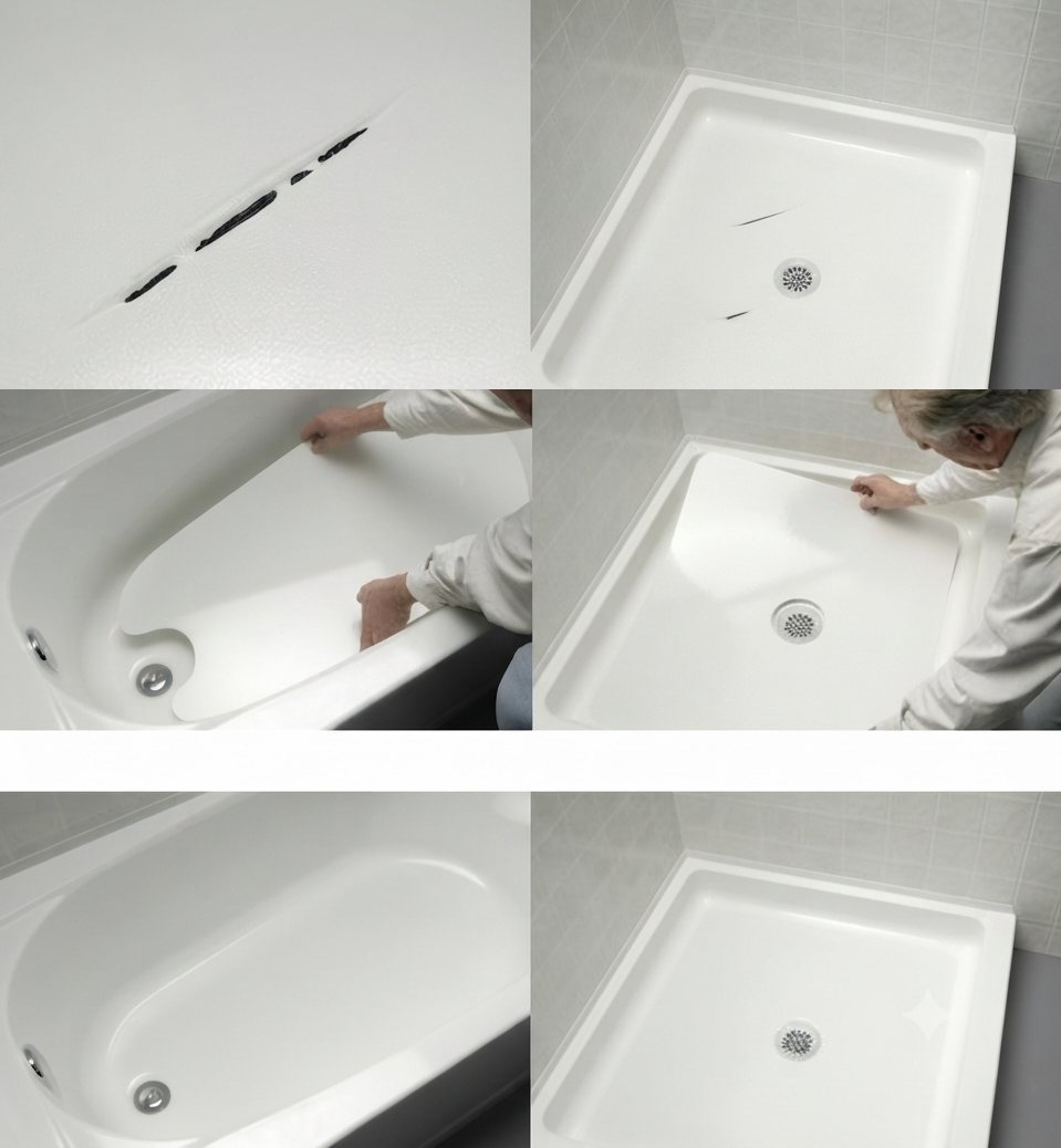 Cracked tub and shower floors, a precision inlay fitted in place, and the finished like-new result
