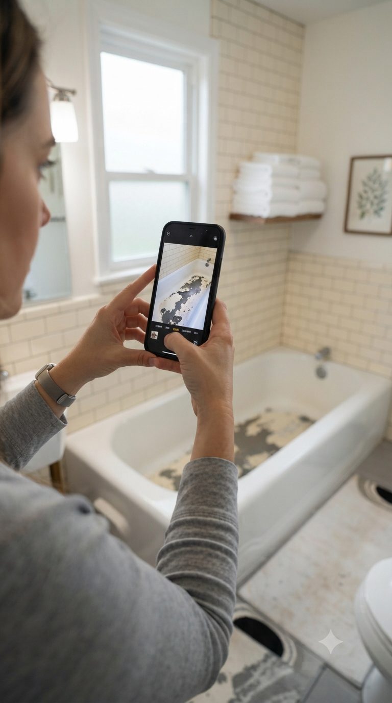 Homeowner taking a photo of a worn bathtub to text to Simply Reglaze for a quote